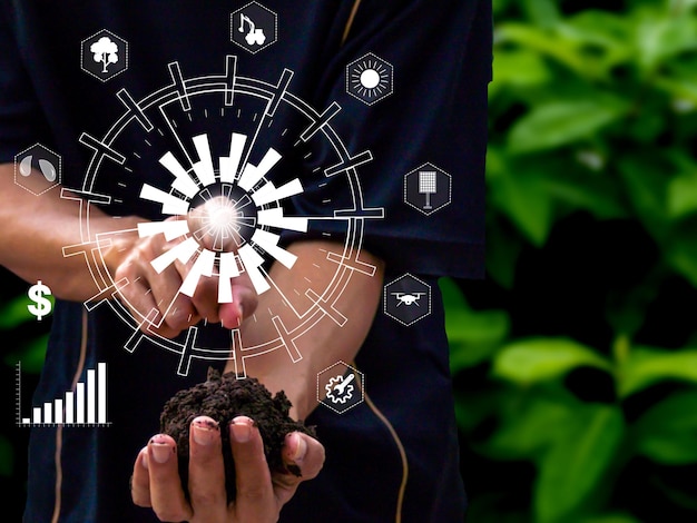 Holografische wijsvinger om te bevelen verbind werk en bodem op de hand toekomstige landbouwtechnologie