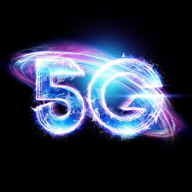 Hologram 5g creatieve achtergrond op zwarte achtergrond. 5G-netwerkconcept, snel mobiel internet, nieuwe generatie netwerken. Gemengde media. 3D geef terug, 3D illustratie.