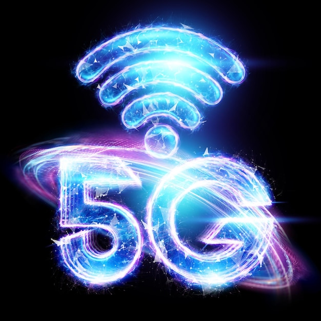 Голограмма 5g творческий фон мобильных технологий. Концепция сети 5G, высокоскоростной мобильный интернет, сети нового поколения. Смешанная техника. 3D визуализация, 3D иллюстрации.