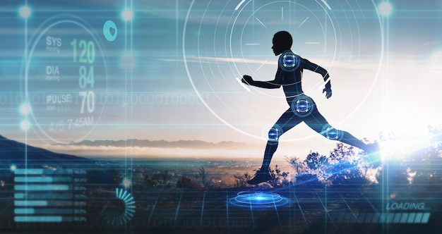 Hologram athlete and running for wellness exercise for healthy lifestyle and track heart rate Male futuristic and runner with digital sports double exposure for marathon and fitness training