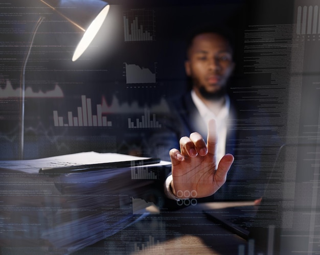 hologram black man and code for programming overlay and cyber security for futuristic communication planning and hacker holographic african american male programmer and coder with data analysis