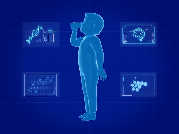 Photo hologram boy drinking milk with graphics research on the blue screen.