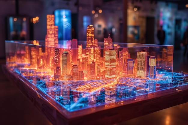 Photo a hologram of the buildings of a large city on the table the concept of a smart city