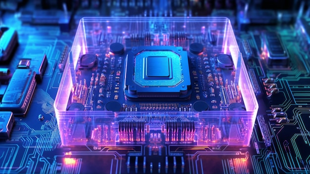 Hologram of a computer motherboard with holographic expansion slots ai generated