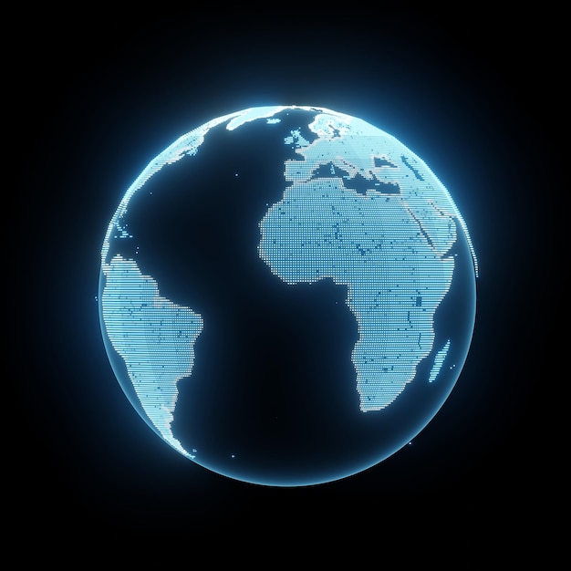 ホログラム デジタル技術ライト グローバルまたは黒い背景に分離された地球。立体イラスト