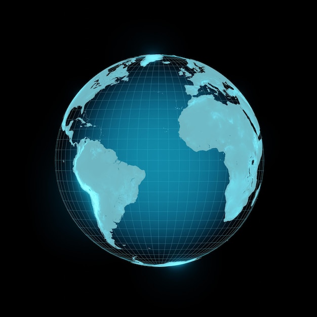 голограмма цифровой технический свет глобальный или планета земля изолированы на черном фоне. 3D иллюстрация
