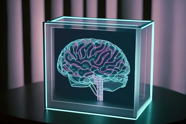 Hologram drawn by the brain on a desktop with two exposures notion of artificial intelligence