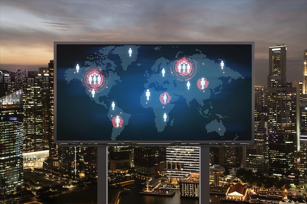 Hologram of earth planet map on billboard over night panoramic\
cityscape of singapore the concept of international companies in\
southeast asia globe