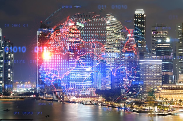 Hologram of Earth planet map on night panoramic cityscape of Singapore Asia The concept of international companies Multi Exposure