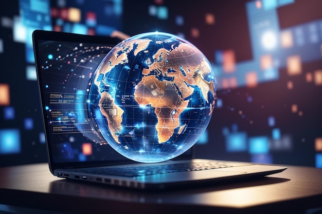 A hologram of the globe with analytical information on the background of a laptop innovation concept international business global network communication future double exposure