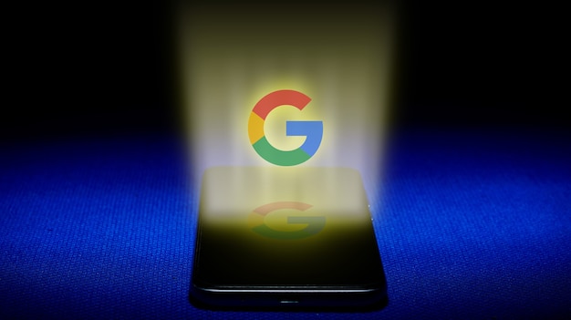 Hologram of google logo. hologram google logo image on blue background .