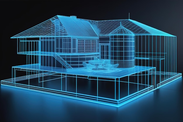 부동산 프로젝트에서 집과 디자인의 홀로그램 미래 개념 시레이션 AI 생성