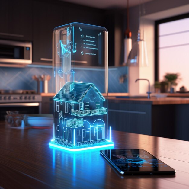 Photo hologram of house on table