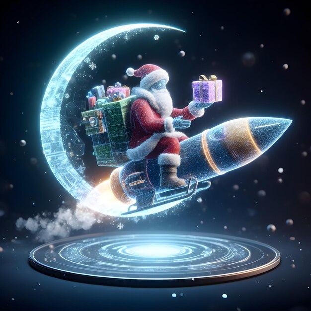 Hologram illustration of a futuristic Santa delivering presents or gifts on a rocket sled