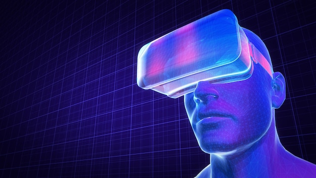 Hologram image of human wearing virtual reality glasses.