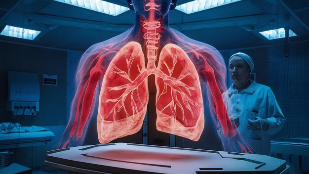 Photo hologram of inflamed lungs in the human body