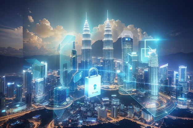 Hologram of padlock icons over panoramic city view of kuala lumpur to protect business malaysia asia the concept of information security shields double exposure