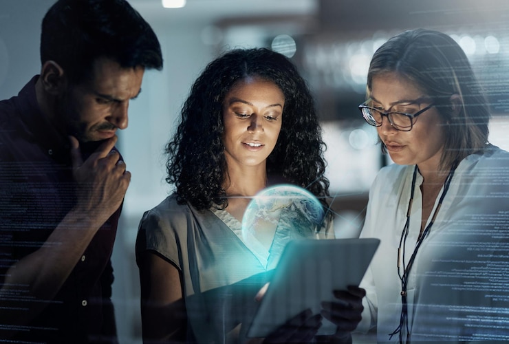 Photo hologram programmer and business team planning global internet connection or innovation of technology in the night coding it and corporate people teamwork with a tablet working on website or web
