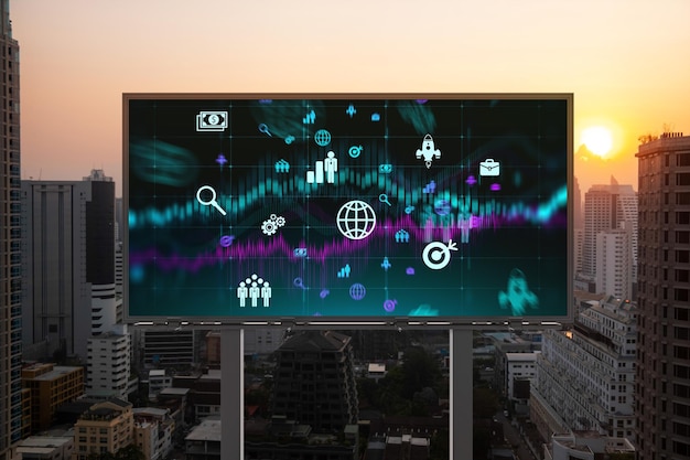 Hologram of Research and Development glowing icons on billboard Sunset panoramic city view of Bangkok Concept of innovative technologies to create new services and products in Southeast Asia