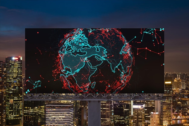 Hologram van de aardeplaneetkaart op aanplakbord over nacht panoramisch stadsbeeld van Singapore Het concept van internationale bedrijven in Zuidoost-Azië Globe