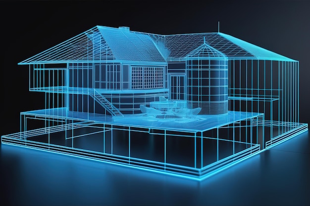 Hologram van een huis en ontwerp in vastgoedproject Future Concept Simulation AI gegenereerd