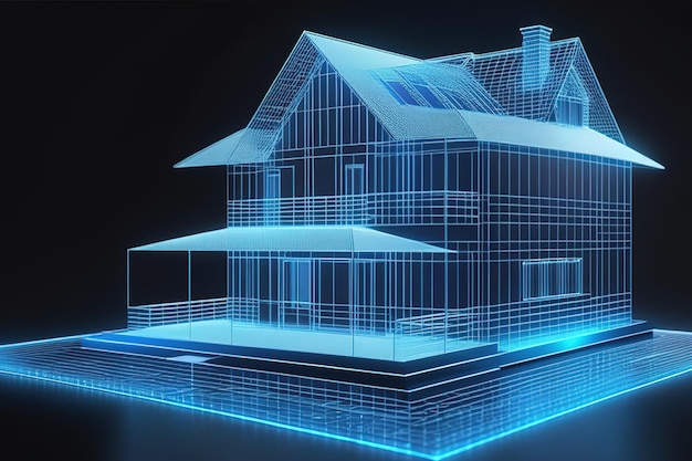 Hologram van een huis en ontwerp in vastgoedproject Future Concept Simulation AI gegenereerd