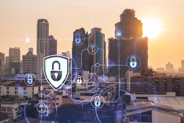 Hologram van hangslot op zonsondergang panoramisch stadsgezicht van Bangkok Zuidoost-Azië Het concept van cyberbeveiligingsintelligentie Multi-exposure