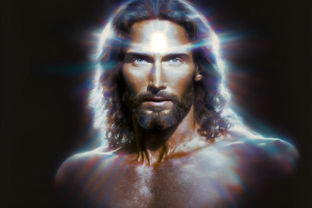 Hologram van jesus chist op zwarte achtergrond neuraal netwerk gegenereerde kunst