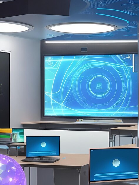 Holograms vr integration in a futuristic classroom