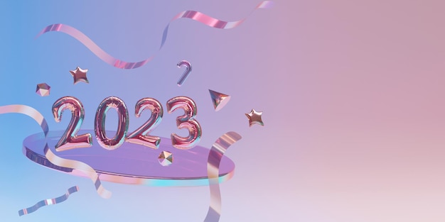Holographic 2023 新年快樂 3D 渲染旗<unk>小冊子布局設計