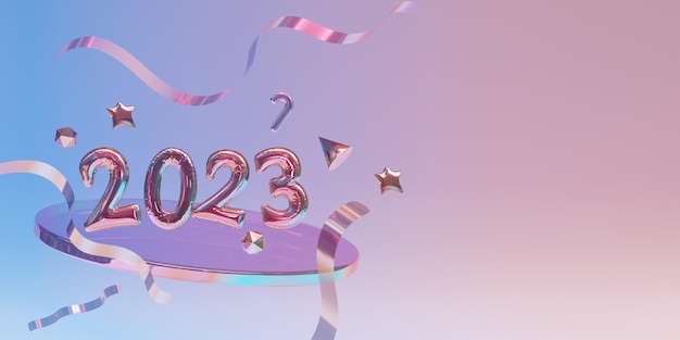 Holographic 2023 Happy New Year 3d rendering banner flyer layout design