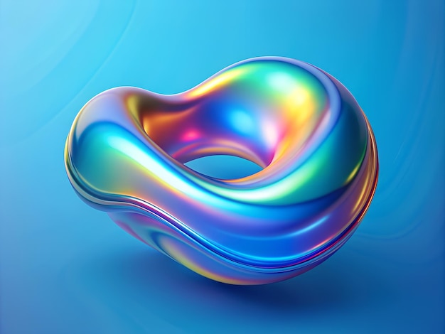 Holographic 3d shape on blue background for banner design Fluid shape Rainbow background