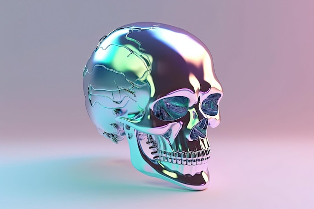 Holographic 3D skull on gradient pastel background