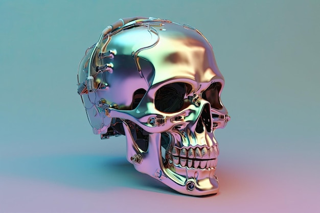 Holographic 3D skull on gradient pastel background