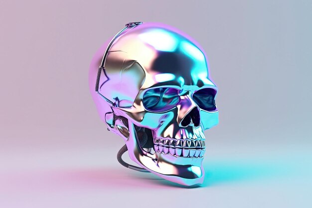 Holographic 3D skull on gradient pastel background