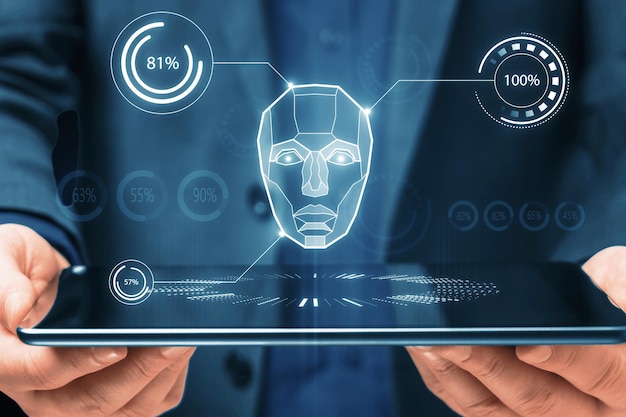 Holographic AI head interface with analytical percentage data on tablet screen