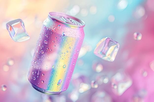 Holographic aluminum can with refreshing cold drink Product mockup of a soda tin can flying in the air with ice cubes drops and splashes floating around rainbow gradient background space for text