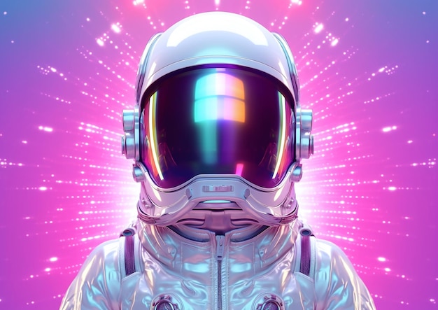 Голографический портрет астронавта с ярким розовым и синим фоном