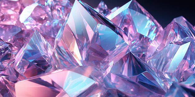 写真 ホログラフィックな背景に現実的な水晶の断片がありピンクと紫の色で虹の反射があります