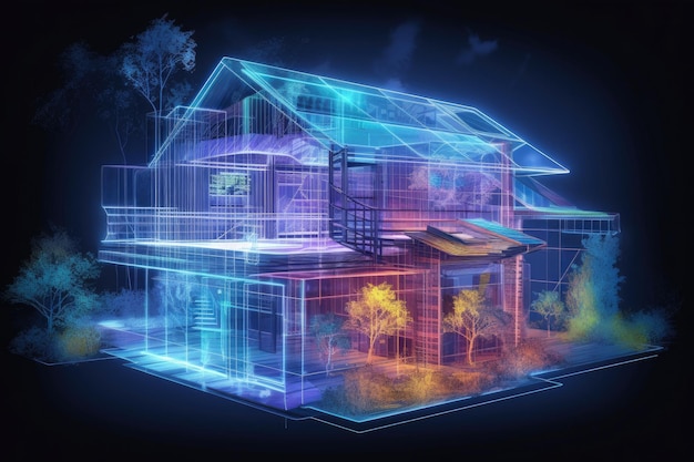 Holographic blueprint of an ecofriendly building design created with generative ai