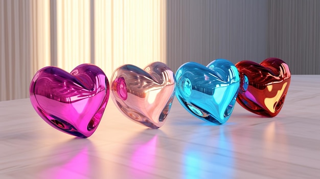 Holographic chrome glass heart icons Molten metal hearts with reflections