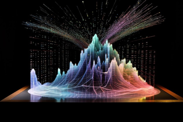 Photo holographic data visualization on a screen created with generative ai