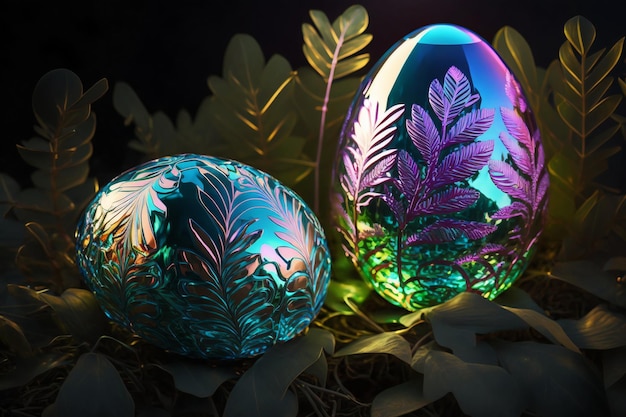 Holographic Easter eggs and plants Vibrant iridescent colors Happy Easter Day Trendy design Generative AI