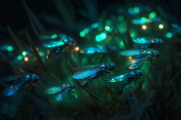 Holographic fireflies glowing Generate AI