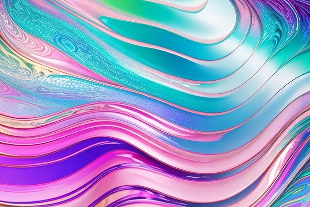 Holographic foil rainbow wave against a backdrop of abstract shapes and patterns