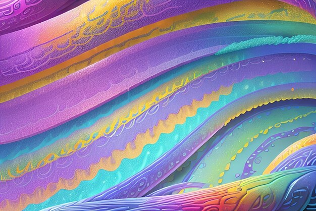 Holographic foil rainbow wave against a backdrop of abstract shapes and patterns