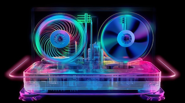 Holographic image of a computer cooling system with rotating fans AI generated