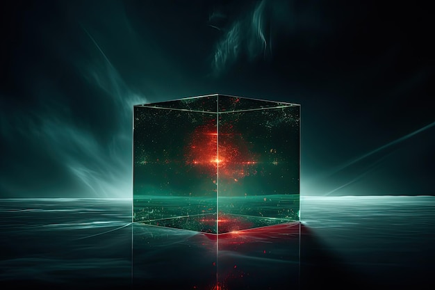 A holographic image of a glowing redgreen cube from inside