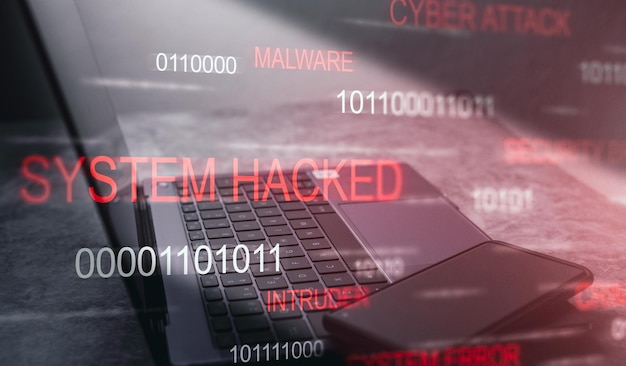 ハッキングされたシステムのホログラフィックインターフェース警告 ラップトップのインターネットウイルスのサイバー攻撃後の警報