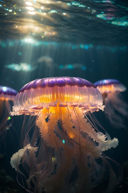 Photo holographic iridescent jellyfish and glowing wonders at the bottom of the sea